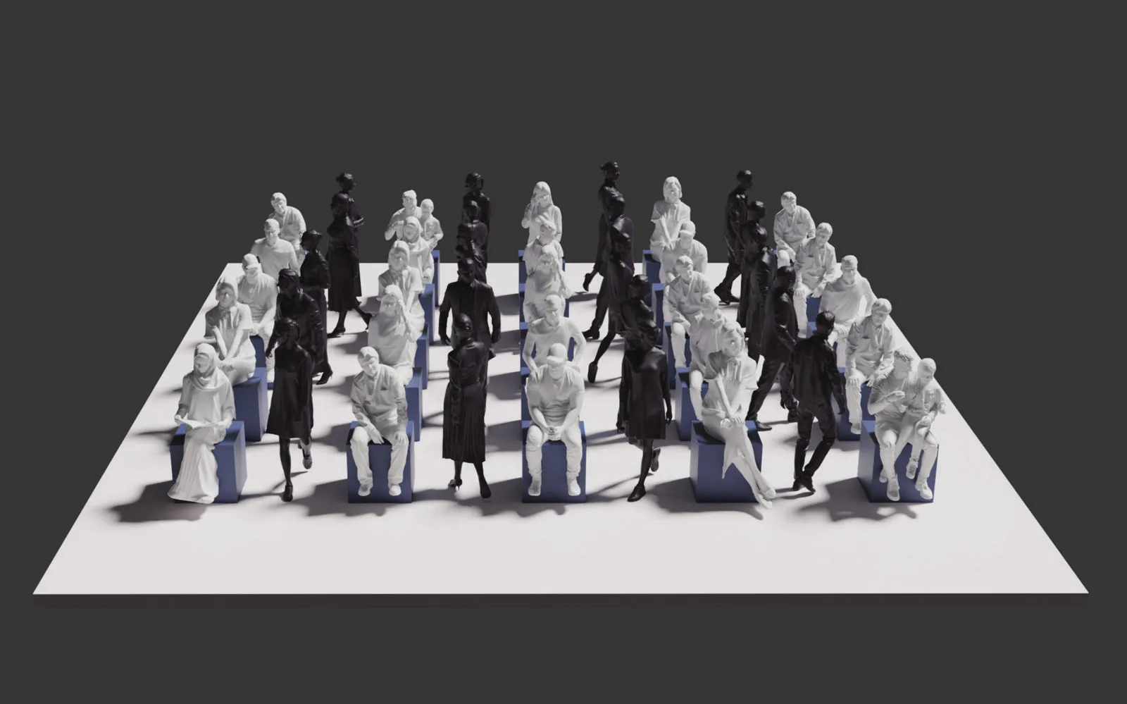 25 singers arranged in a 5×5 spatial grid with the audience seated among them