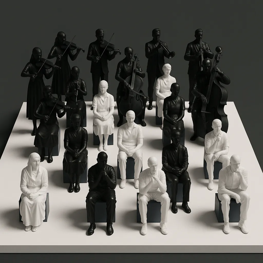 A spatial ensemble of musicians arranged across a grid
