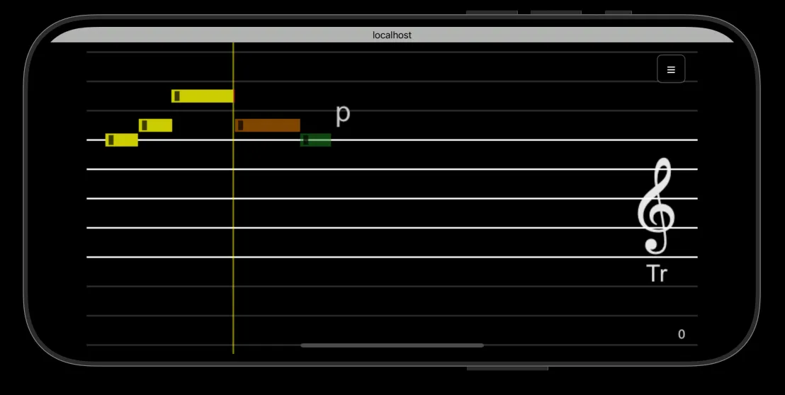 A performer's mobile interface showing personalized notes on a staff